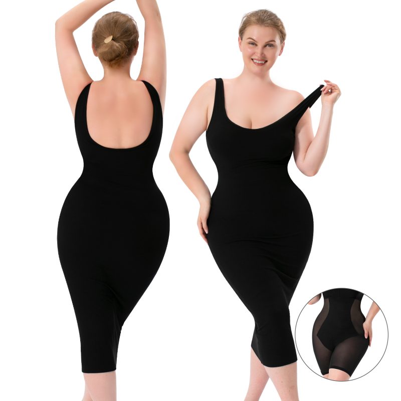 2-in-1 Shapewear Skirt with Wide Shoulder Straps & High Elastic Breathable Mesh Model Back Display