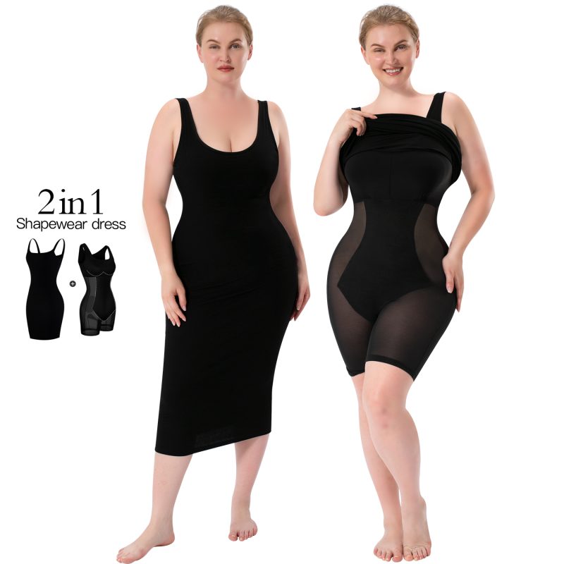 2-in-1 Shapewear Skirt with Wide Shoulder Straps & High Elastic Breathable Mesh Model Front Display