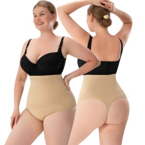 Beige High Waist Shapewear Thong - Butt Lift & Seamless Design Model Show