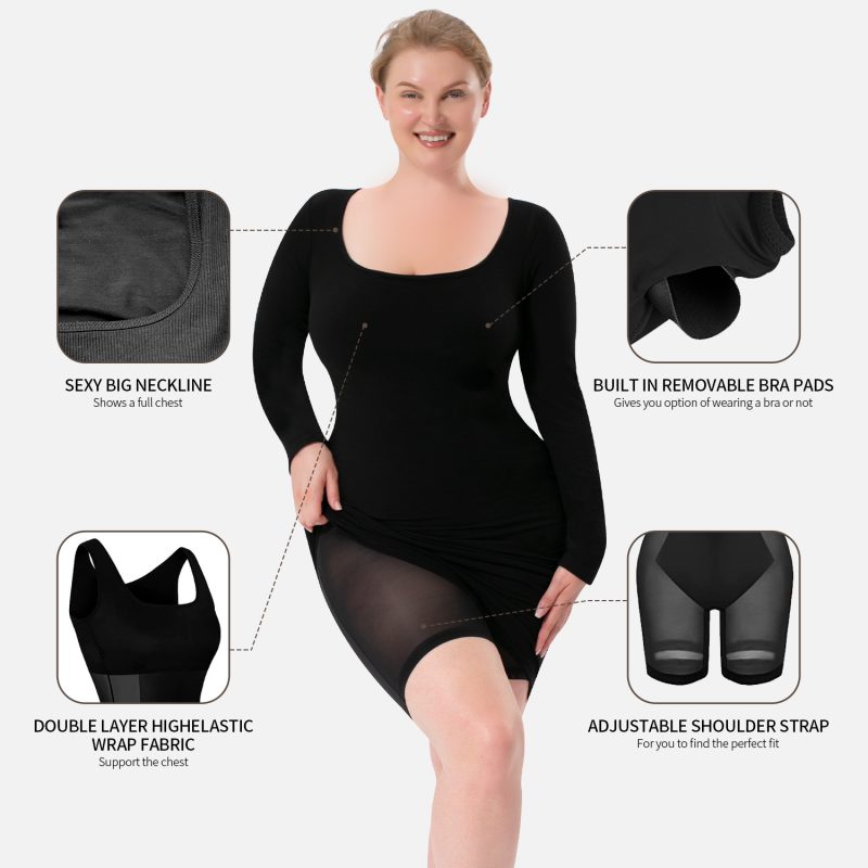 Long-Sleeved 2-in-1 Shapewear with Hip Wrap Skirt & Breathable Mesh Front Details