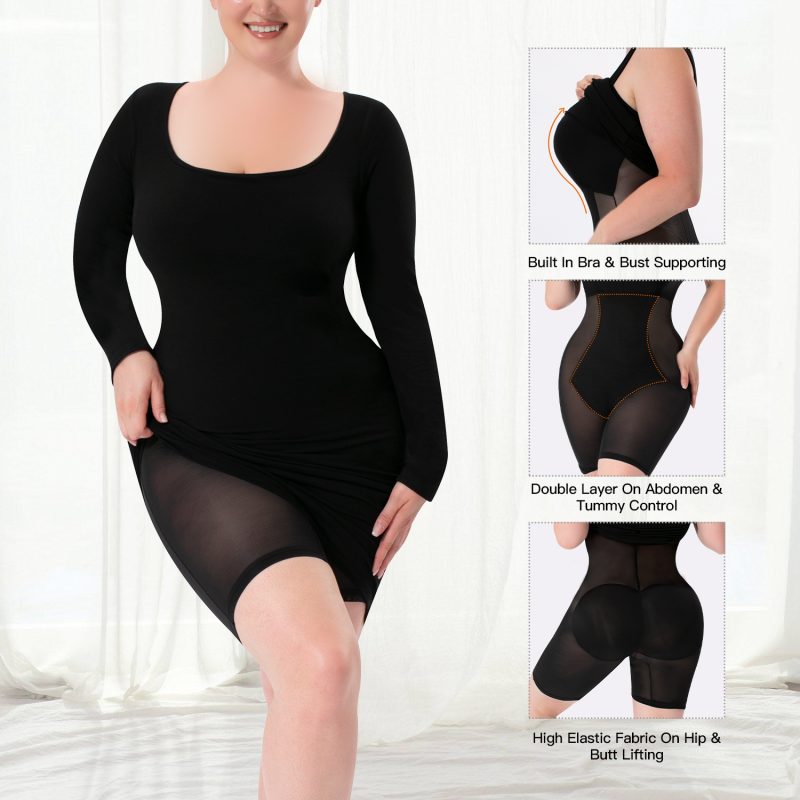 Long-Sleeved 2-in-1 Shapewear with Hip Wrap Skirt & Breathable Mesh Front Show