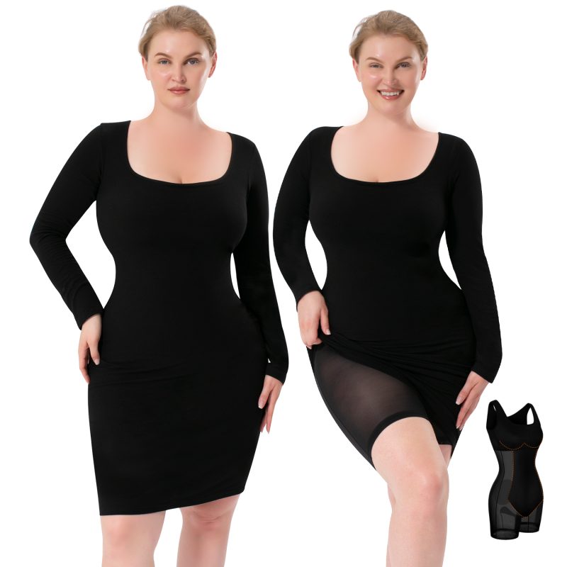 Long-Sleeved 2-in-1 Shapewear with Hip Wrap Skirt & Breathable Mesh Model Display