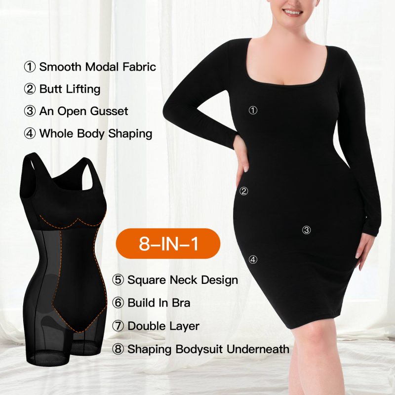 Long-Sleeved 2-in-1 Shapewear with Hip Wrap Skirt & Breathable Mesh Model Show