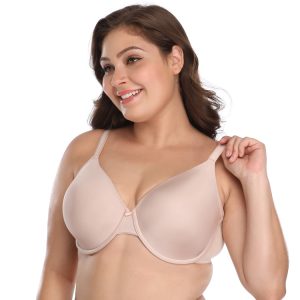 Beige Wholesale Silken Elegance Glossy Plus Size Bra for GHIJ Cup Side Model Show