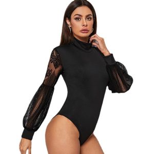 Wholesale High Collar Long-Sleeved Bodysuit with Jacquard Mesh side Model Show