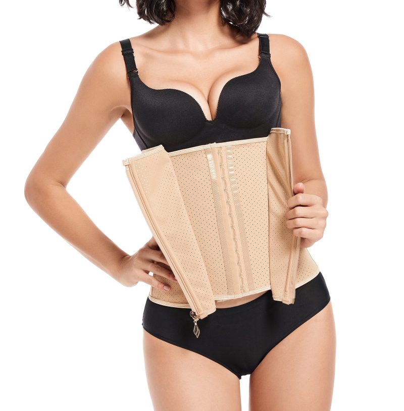 beige Wholesale Plus Size Double Layer Latex Waist Trainer with Zipper model display