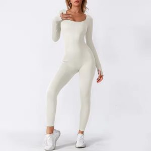 (yumesilm)women's tummy control ribbed one piece long sleeve tight jumpsuits