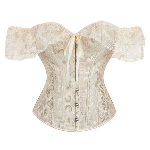 beige off-shoulder jacquard lace short sleeve corset yume silm