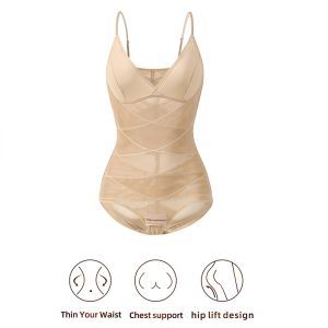 beige lightweight mesh deep v-neck bra shaping thong bodysuit