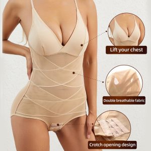 lightweight mesh deep v-neck bra shaping thong bodysuit