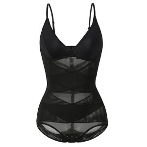 black lightweight mesh deep v-neck bra shaping thong bodysuit