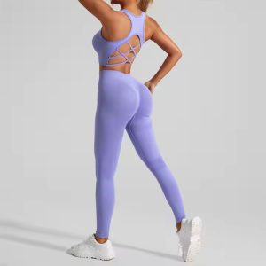 ladies seamless cross back sports bra scrunch butt workout leggings yoga purple set