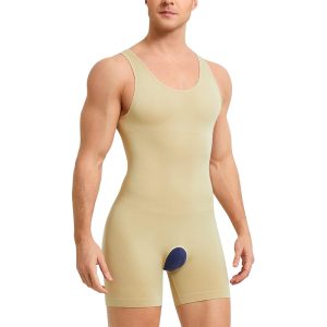 high quality seamless mens shapewear bodysuit beige