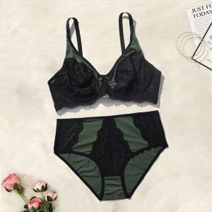 green ultra thin lace plus size bra panty set
