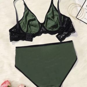 green ultra thin lace plus size bra panty set