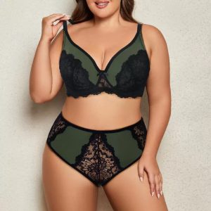 green ultra thin lace plus size bra panty set YumeSilm
