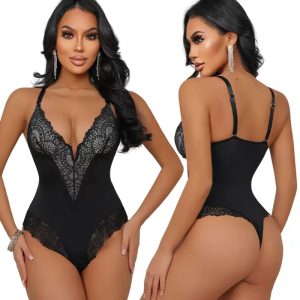 Deep V-Neck Plus Size Lace Bodysuit Shapewear