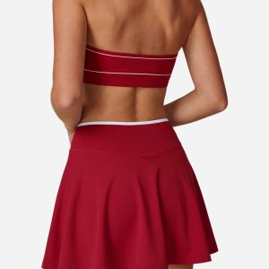 2 piece women's high stretch tennis dress brushed color block activewear set u neck back workout bra with seamless athletic skirt Yumesilm