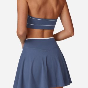 2 piece women's high stretch tennis dress brushed color block activewear set u neck back workout bra with seamless athletic skirt Yumesilm