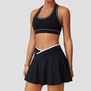 2 piece women's high stretch tennis dress brushed color block activewear set u neck back workout bra with seamless athletic skirt Yumesilm