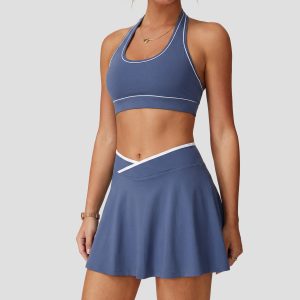 2 piece women's high stretch tennis dress brushed color block activewear set u neck back workout bra with seamless athletic skirt Yumesilm