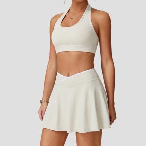 2 piece women's high stretch tennis dress brushed color block activewear set u neck back workout bra with seamless athletic skirt Yumesilm