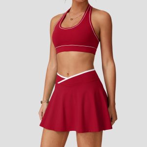 2 piece women's high stretch tennis dress brushed color block activewear set u neck back workout bra with seamless athletic skirt Yumesilm