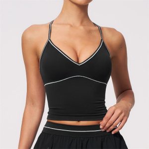 wholesale women's v neck camisole top contrast stitching four way stretch breathable workout fitness top yumesilm