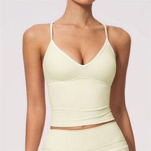 wholesale women's v neck camisole top contrast stitching four way stretch breathable workout fitness top yumesilm