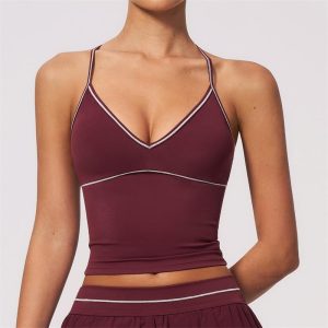 wholesale women's v neck camisole top contrast stitching four way stretch breathable workout fitness top yumesilm